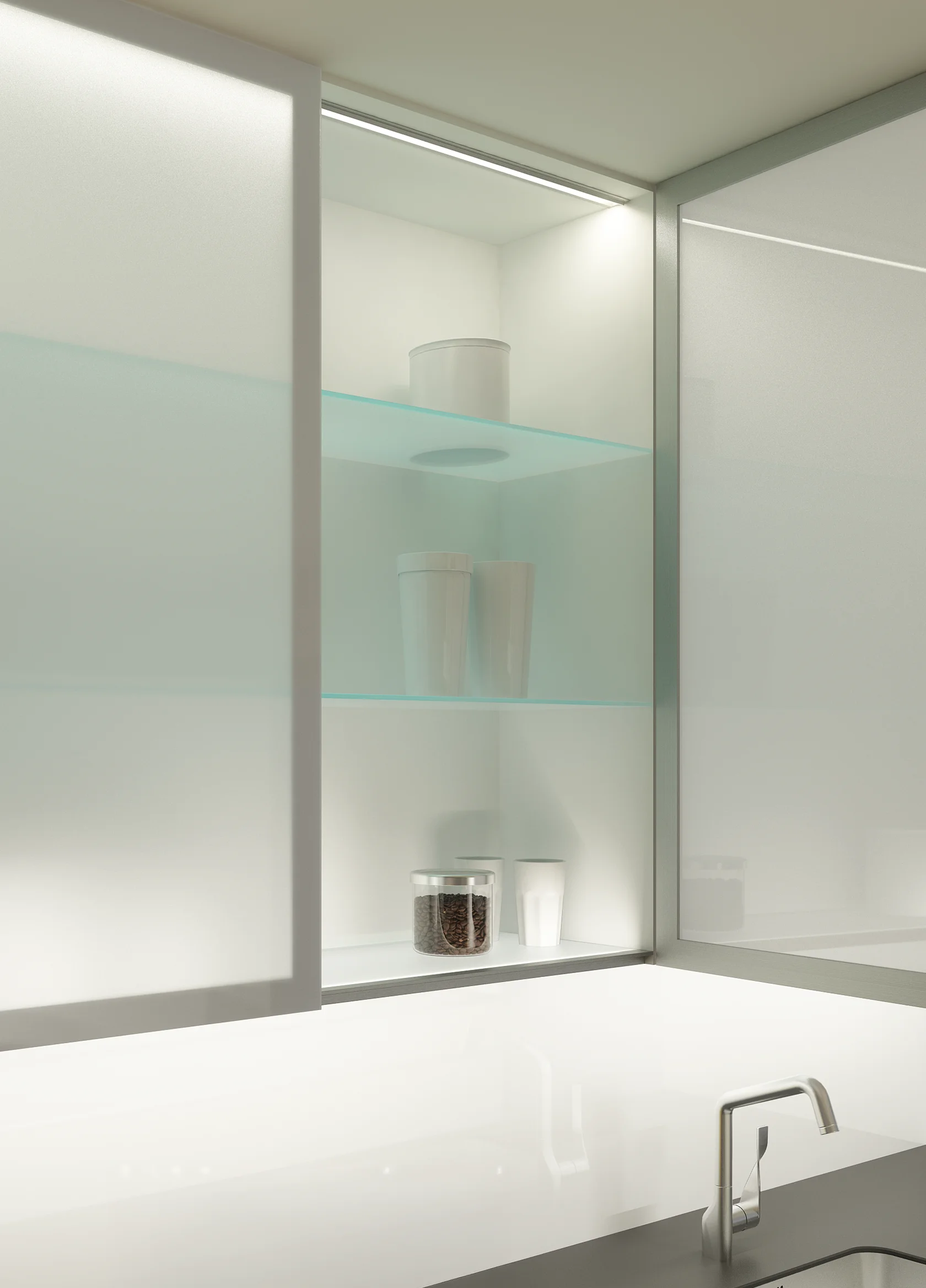 Offener beleuchteter Küchenoberschrank mit GERA Konstruktionsboden und Vorratsbehältern über einer Spüle.