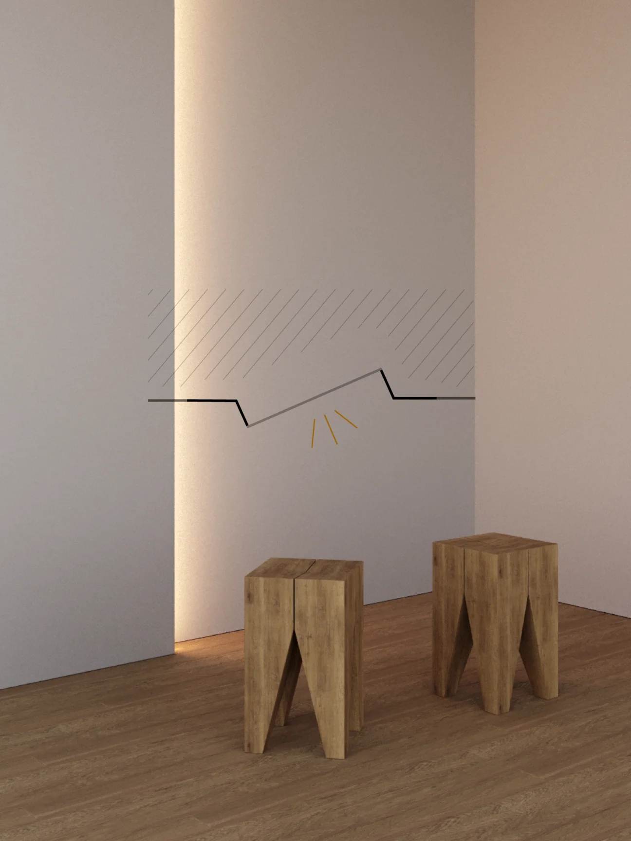 Indirekte Wandbeleuchtung durch die GERA Einbauleuchte flach in einem minimalistischen Raum mit Holzhockern "Backenzahn" von e15 und über dem Bild liegender technischer Einbauskizze.