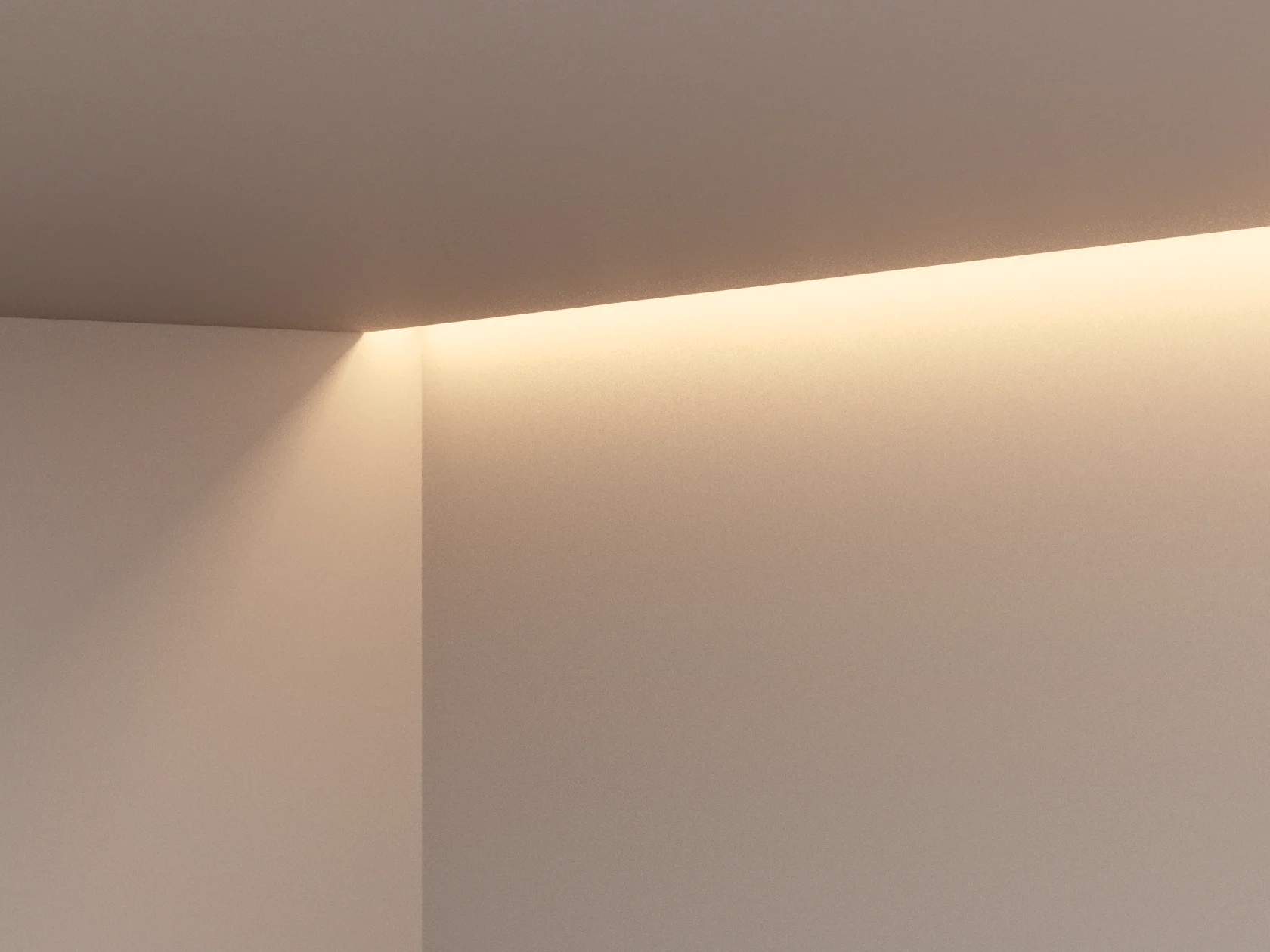 Eine minimalistische Architekturaufnahme zeigt eine Zimmerecke mit warmer, indirekter Beleuchtung. Die in einer Deckenfuge verborgene GERA Einbauleuchte flach wirft einen sanften, gelblichen Schein auf die glatten, beigen Wände. Das Licht erzeugt weiche Verläufe und betont die geometrische Strenge des Raumes.