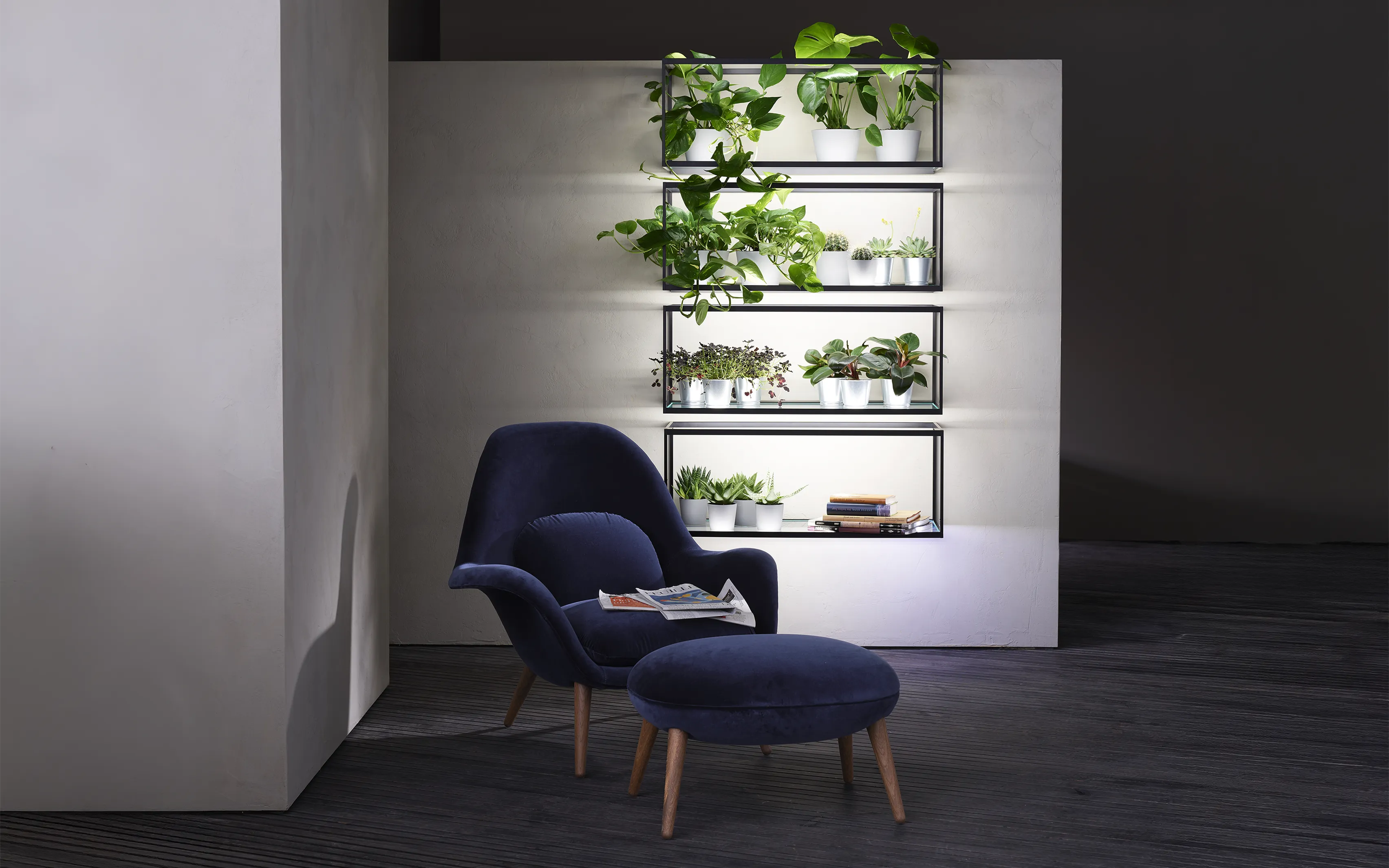 Dunkelblauer Ohrensessel mit Hocker vor beleuchteten Wandregalen GERA Cubes voller Zimmerpflanzen in einem minimalistischen Raum.