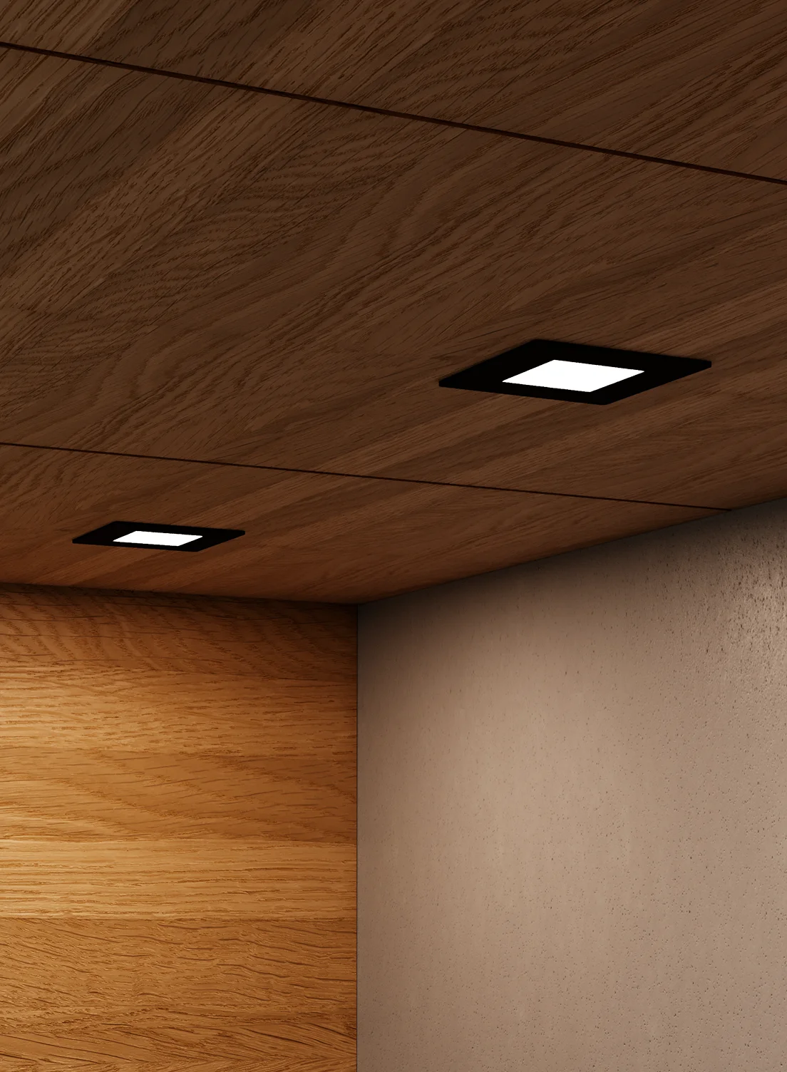 Nahaufnahme einer hölzernen Schrankunterseite mit zwei GERA Einbaustrahlern mit quadratischer Blende, die auf eine beigefarbene Wand darunter leuchten.