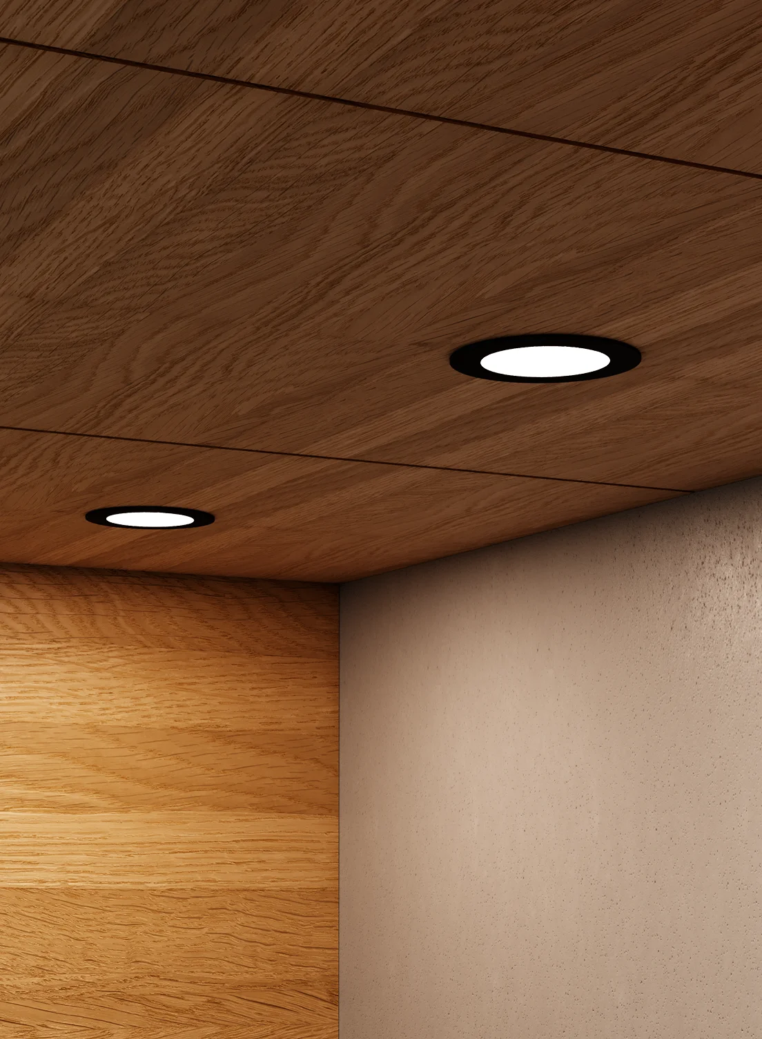 Nahaufnahme einer hölzernen Schrankunterseite mit zwei runden GERA Einbaustrahlern, die auf eine beigefarbene Wand darunter leuchten.