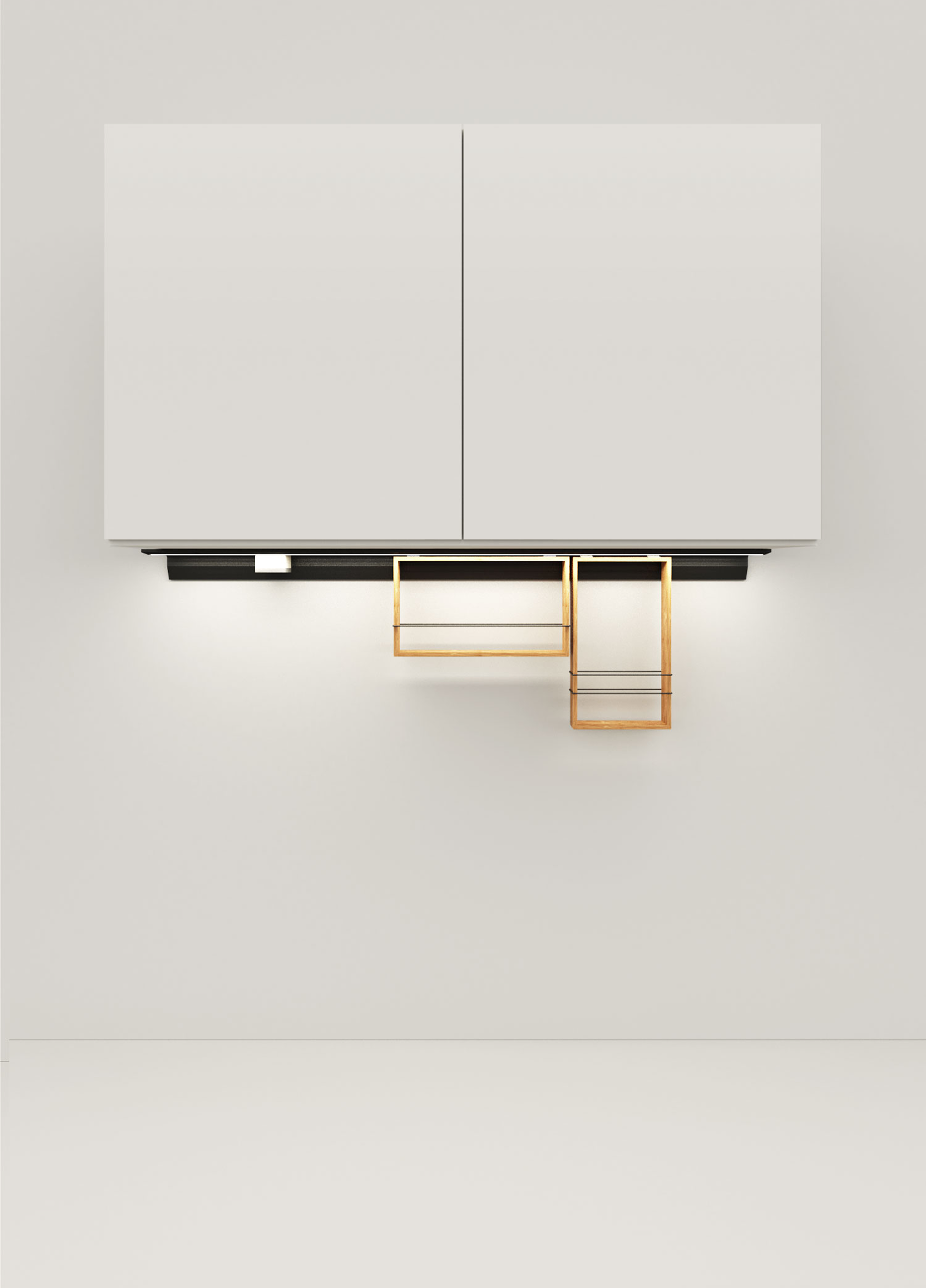 Die GERA Feature Unterbauleuchte in schwarz eloxiertem Aluminium unter einen weißen Oberschrank gesetzt.