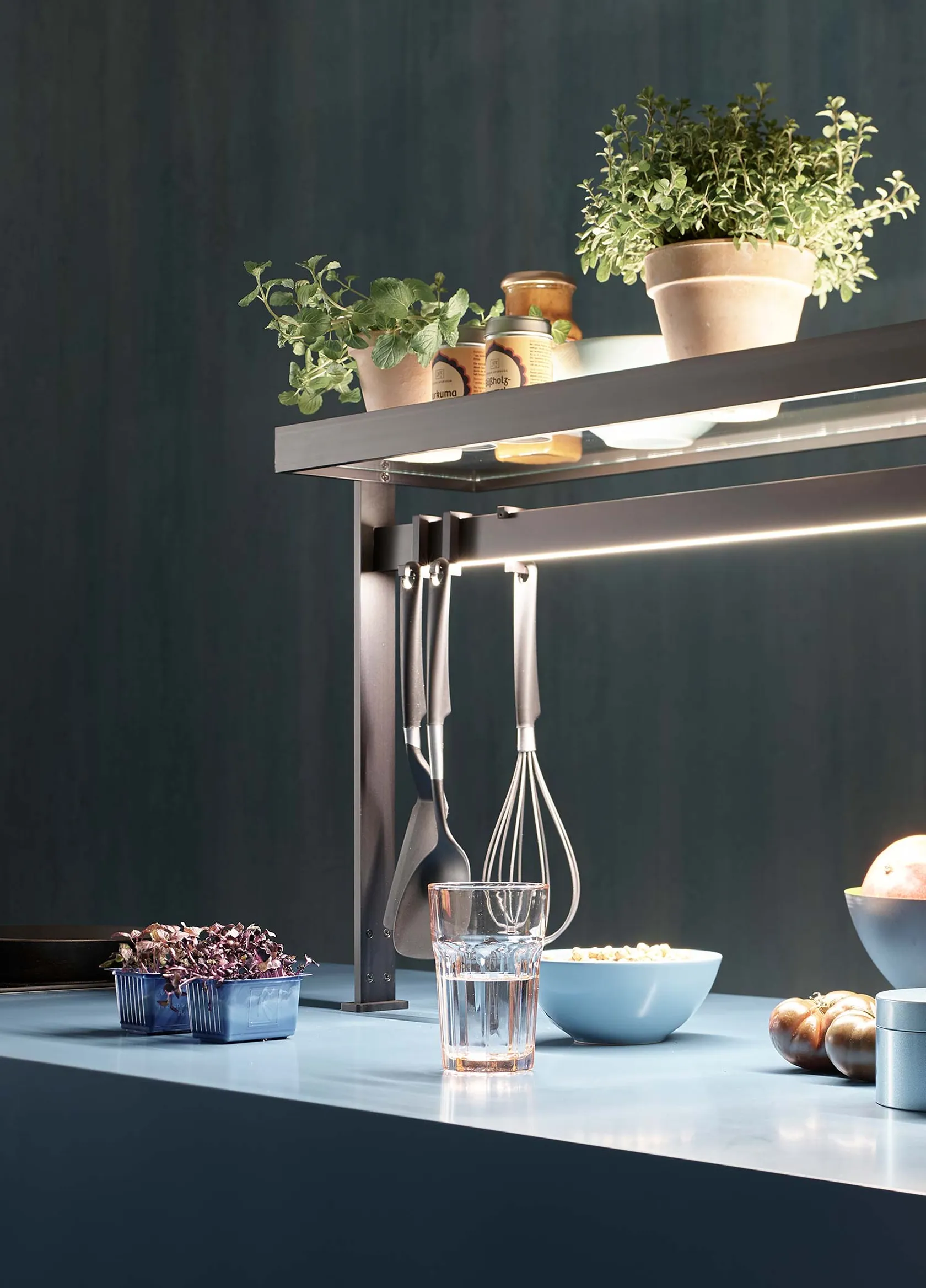 Beleuchtete Lichtbrücke GERA Lucina Up mit hängenden Küchenutensilien und Pflanzen auf einer Arbeitsplatte.