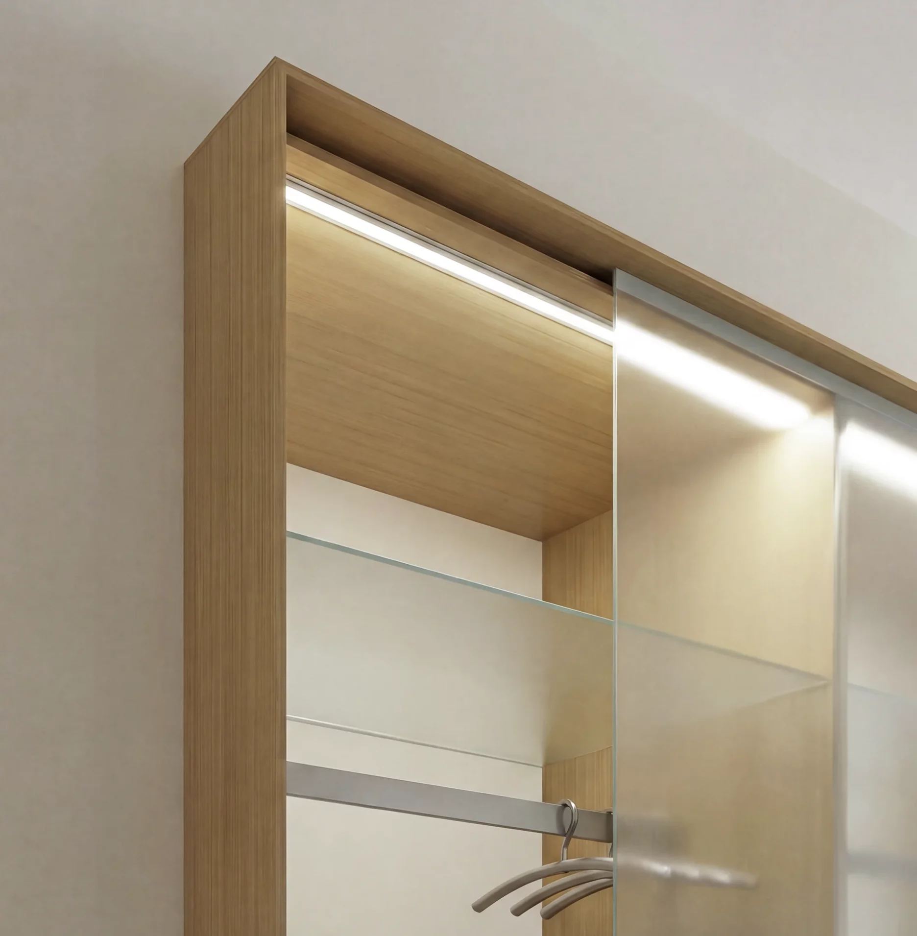 Modernes Schrankdesign in Holzoptik mit integrierter GERA Einbauleuchte abgewinkelt und Glasschiebetüren.