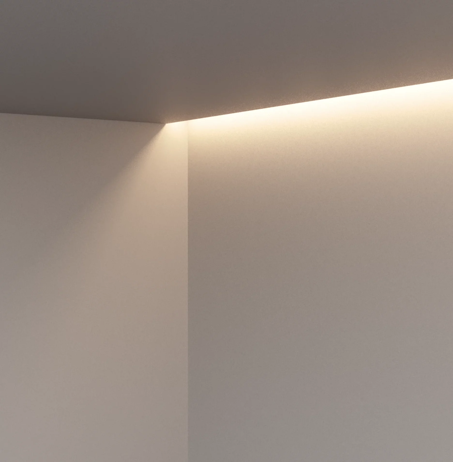 Indirekte Beleuchtung einer unsichtbar verbauten GERA Einbauleuchte flach an der Decken-Wand-Ecke in einem minimalistischen weißen Raum.