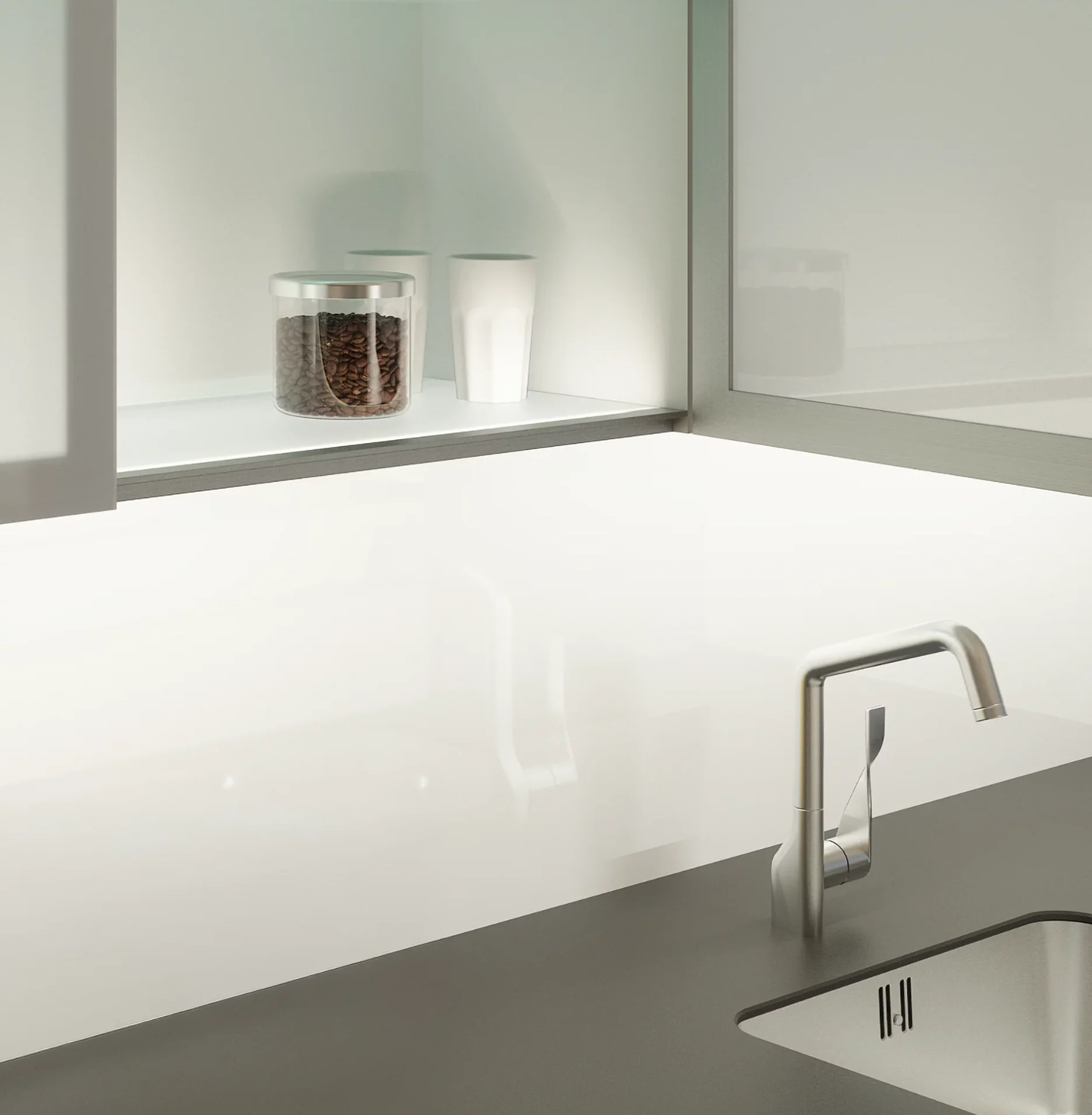 Offener beleuchteter Küchenoberschrank mit GERA Konstruktionsboden und Vorratsbehältern über einer Spüle.