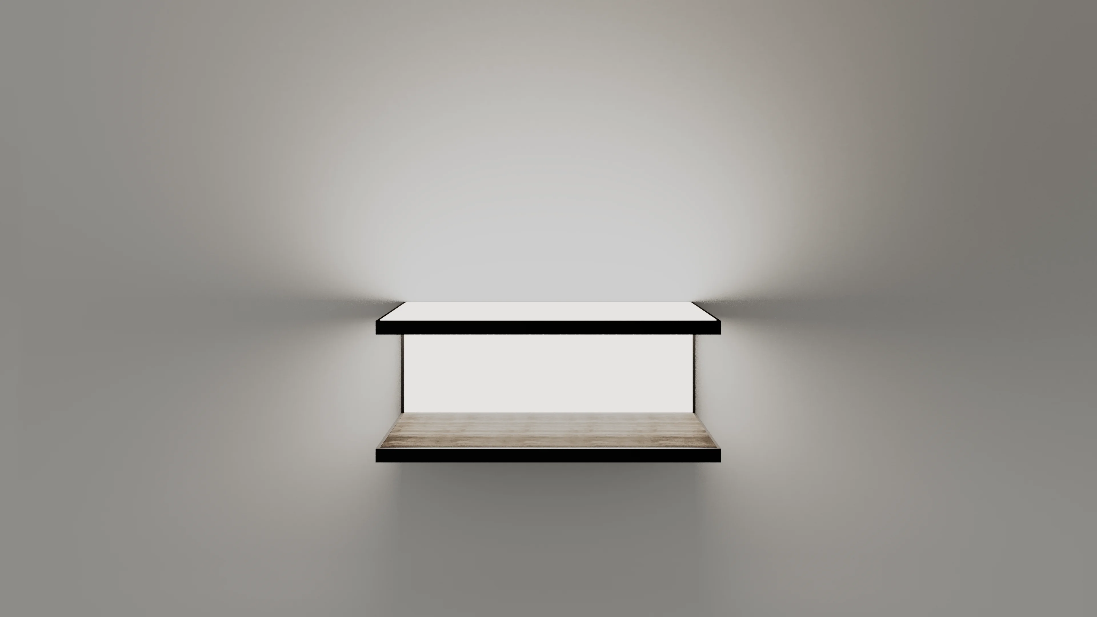 Wandregal GERA Scoop in einem minimalistischen abgedunkelten Raum.