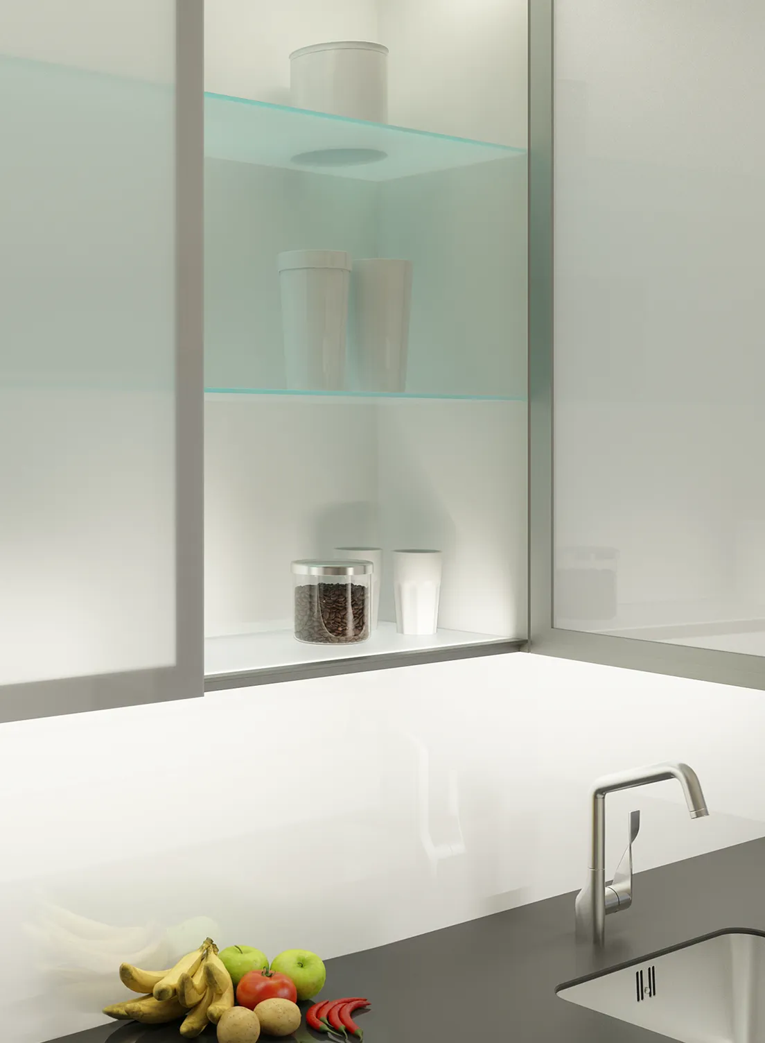 Offener beleuchteter Küchenoberschrank mit GERA Konstruktionsboden und Vorratsbehältern über einer Spüle.