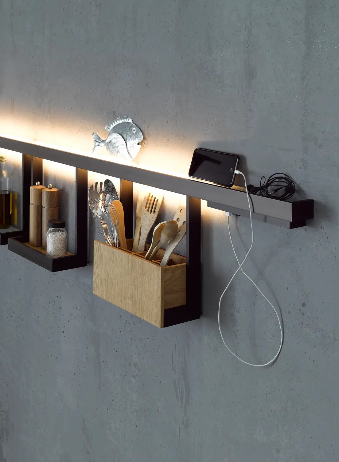 Beleuchtete schwarze Lichtreling GERA Line Up mit Ablagefächern und Steckdosen an einer grauen Betonwand.