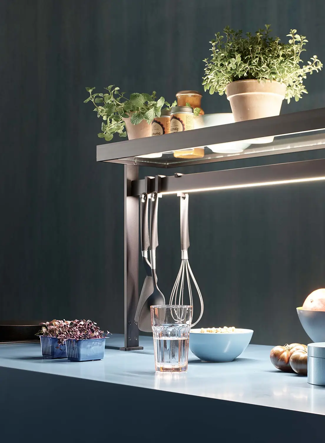Beleuchtete Lichtbrücke GERA Lucina Up mit hängenden Küchenutensilien und Pflanzen auf einer Arbeitsplatte.