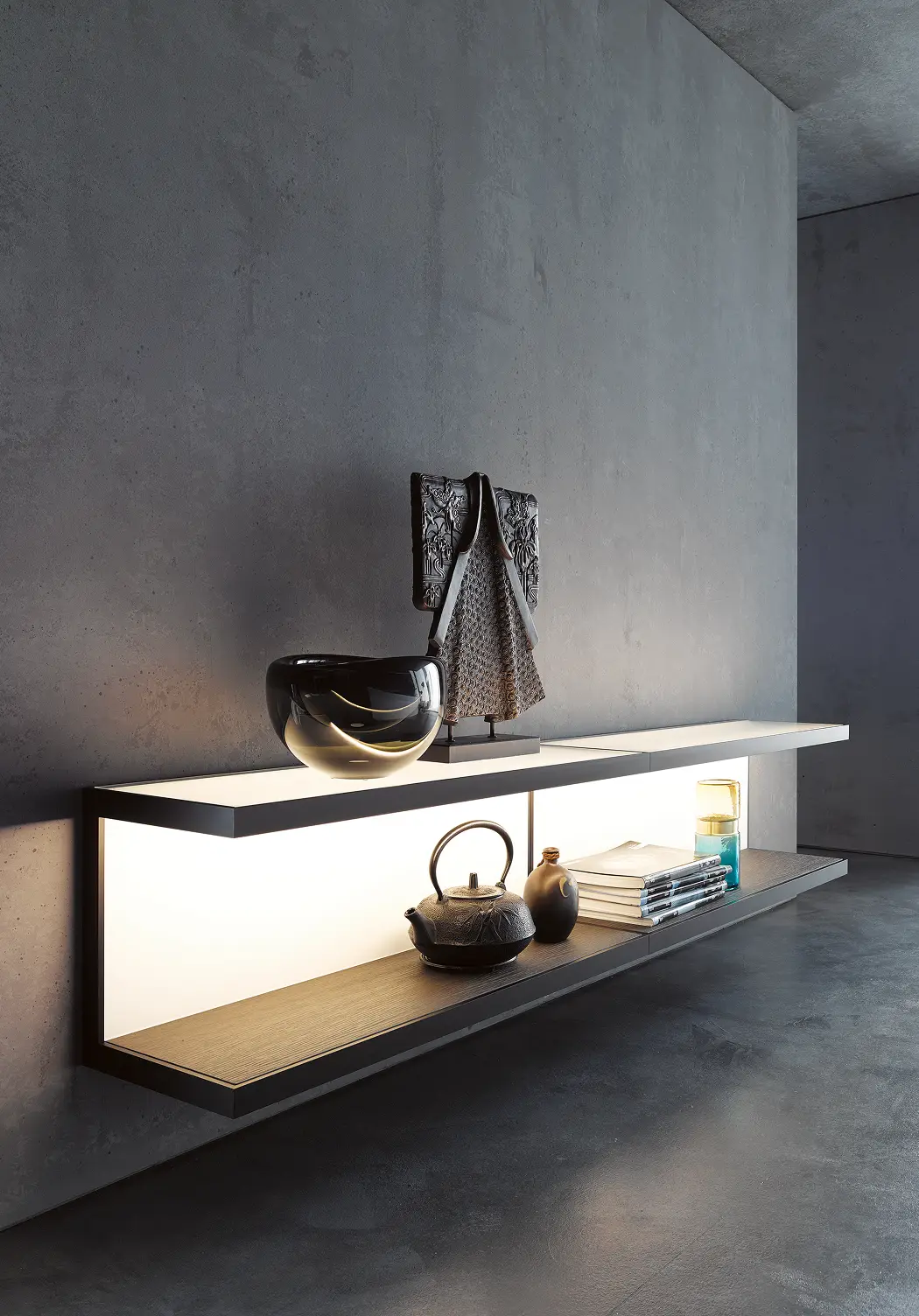 Modernes Wohnzimmer mit beleuchteten GERA Scoop Wandregalen, Design-Sessel aus Geflecht und asiatischen Dekorationsobjekten.